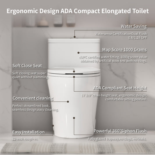 0.8/ 1.28 GPF Dual Flush Elongated One Piece Toilet with Comfort Chair Seat ADA Height 17.33", 12" Rough-in