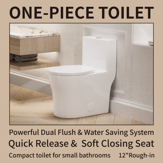 24" Depth Compact One Piece Toilet, 0.8/ 1.28 GPF Dual Flush, Standard 12" Rough-in