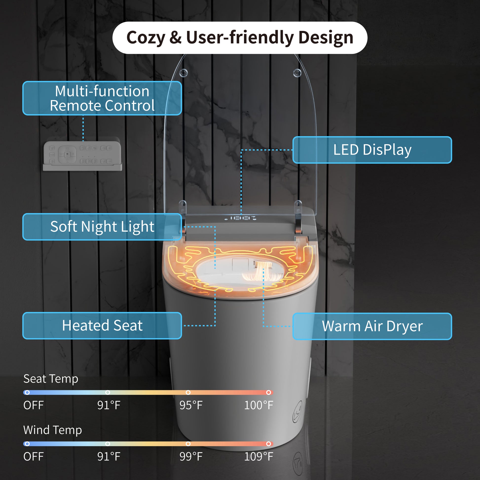 Smart Bidet Toilet with Auto Lid&Seat, Auto 1000 Gram MaP Score Flush, ADA Comfort Height, Heated Seat, Air Dryer, Photocatalyst Deodorization, Smart Toilet with Bidet Built in, 12’’ Rough-in