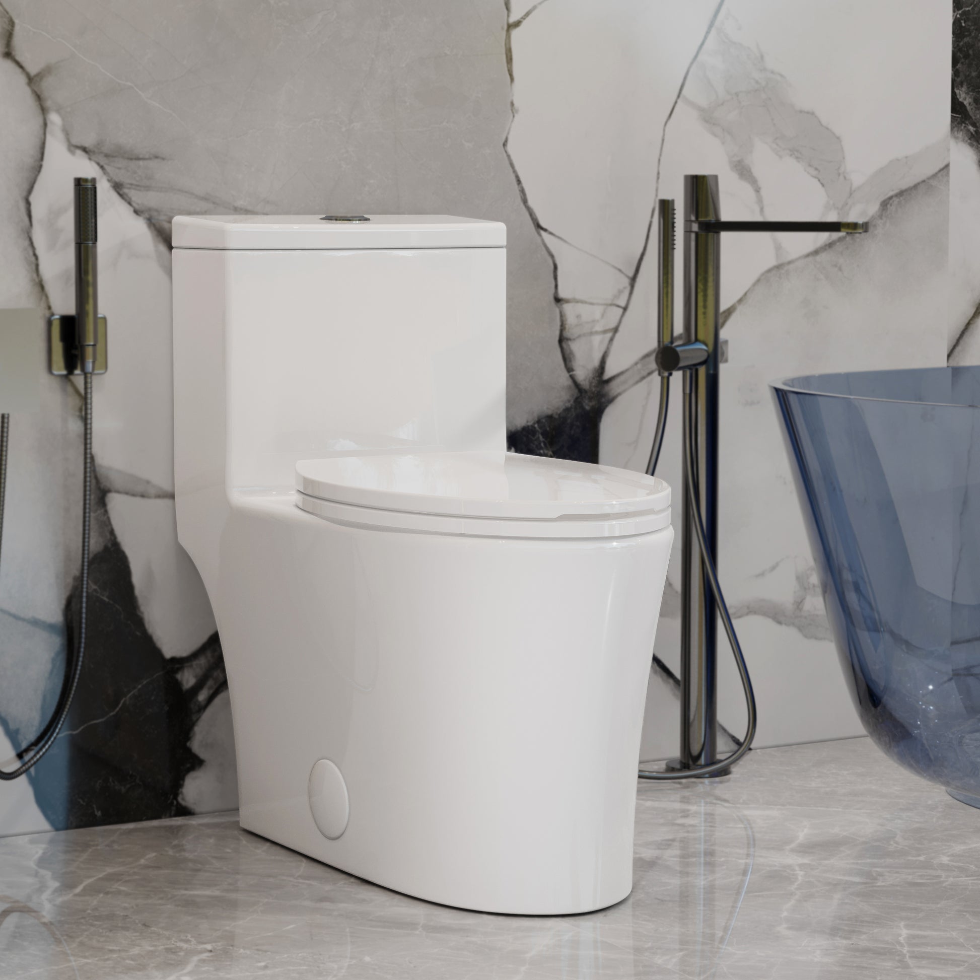 0.8/ 1.28 GPF Dual Flush Elongated One Piece Toilet, Full Skirt & Sleek Design, 12" Rough-in