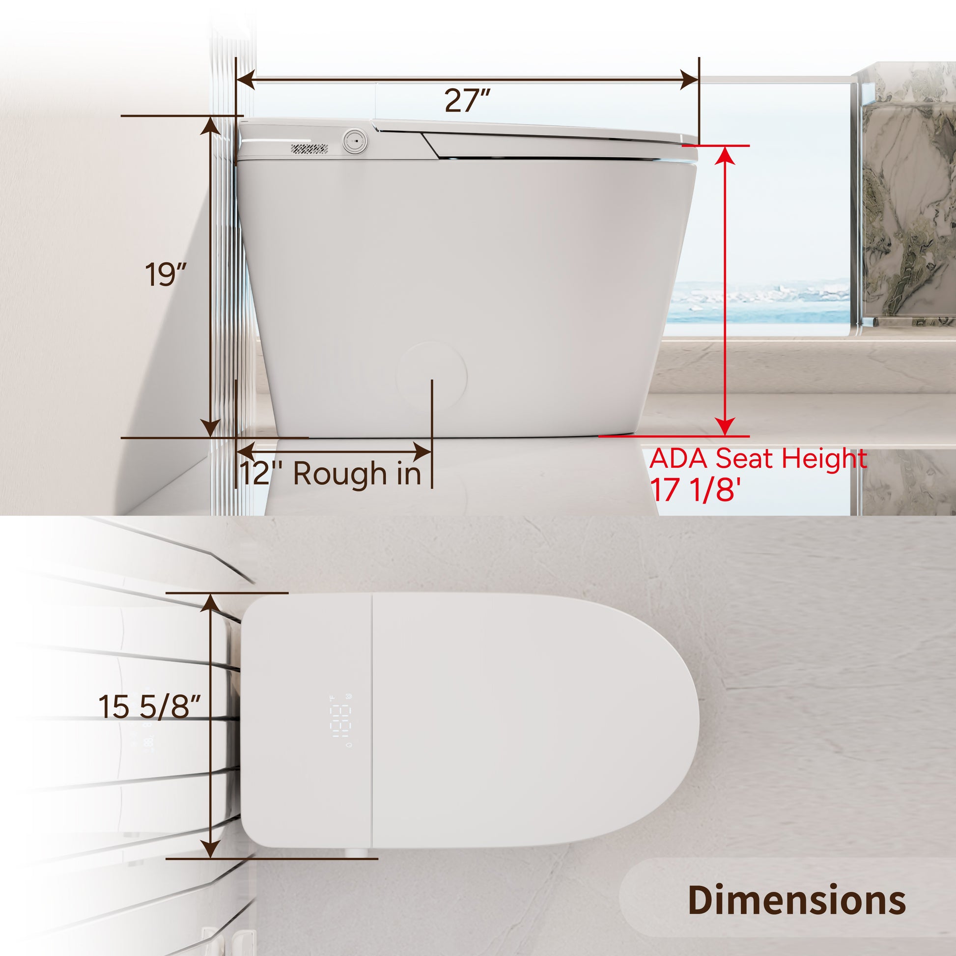 Smart Bidet Toilet with Auto Lid&Seat, Auto 1000 Gram MaP Score Flush, ADA Comfort Height, Heated Seat, Air Dryer, Photocatalyst Deodorization, Smart Toilet with Bidet Built in, 12’’ Rough-in