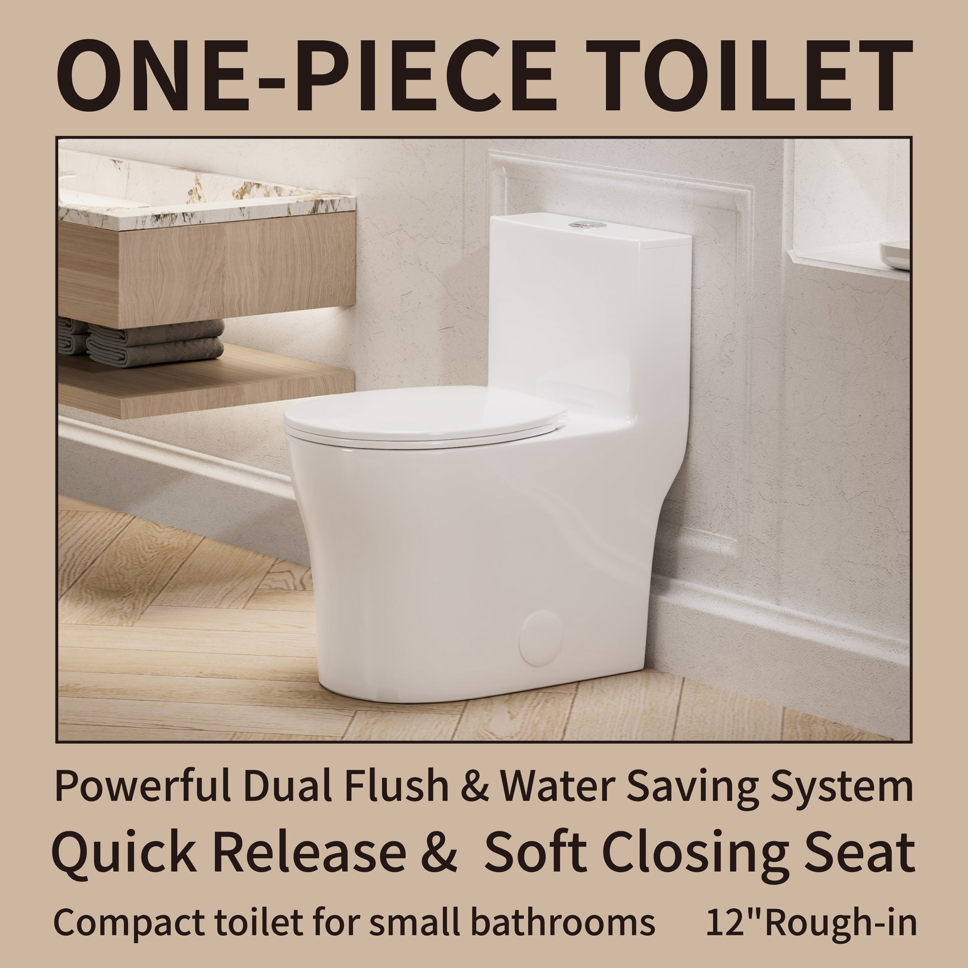 24" Depth Compact One Piece Toilet, 0.8/ 1.28 GPF Dual Flush, Standard 12" Rough-in