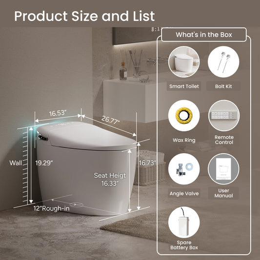 Smart Toilet, Auto Open/Close Lid, Auto Flushing Bidet Toilet with Heated Seat, SPA Warm Water Sprayer and Dryer, Elongated Egg Shape Tankless Toilet, 12'' Rough-in