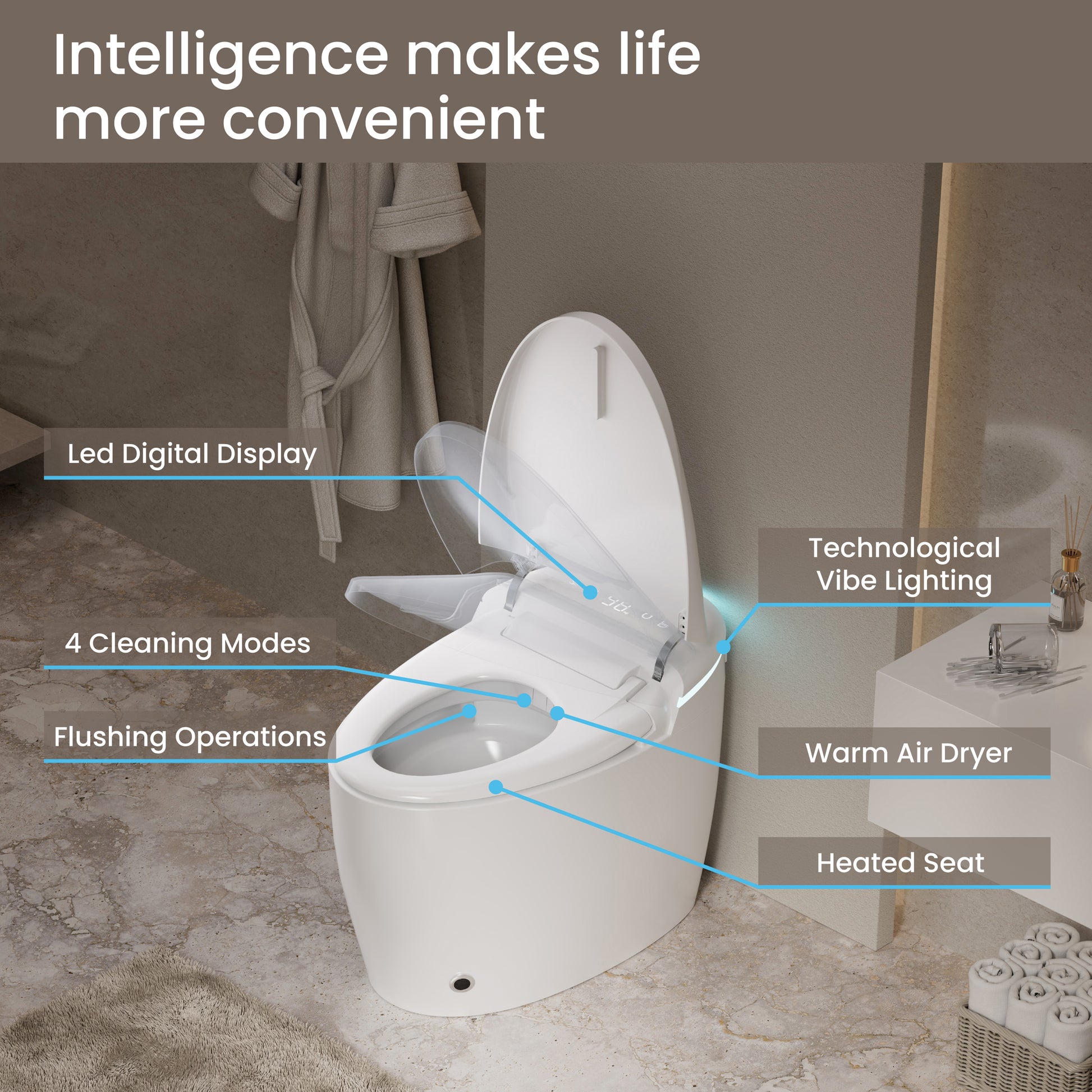Smart Toilet, Auto Open/Close Lid, Auto Flushing Bidet Toilet with Heated Seat, SPA Warm Water Sprayer and Dryer, Elongated Egg Shape Tankless Toilet, 12'' Rough-in