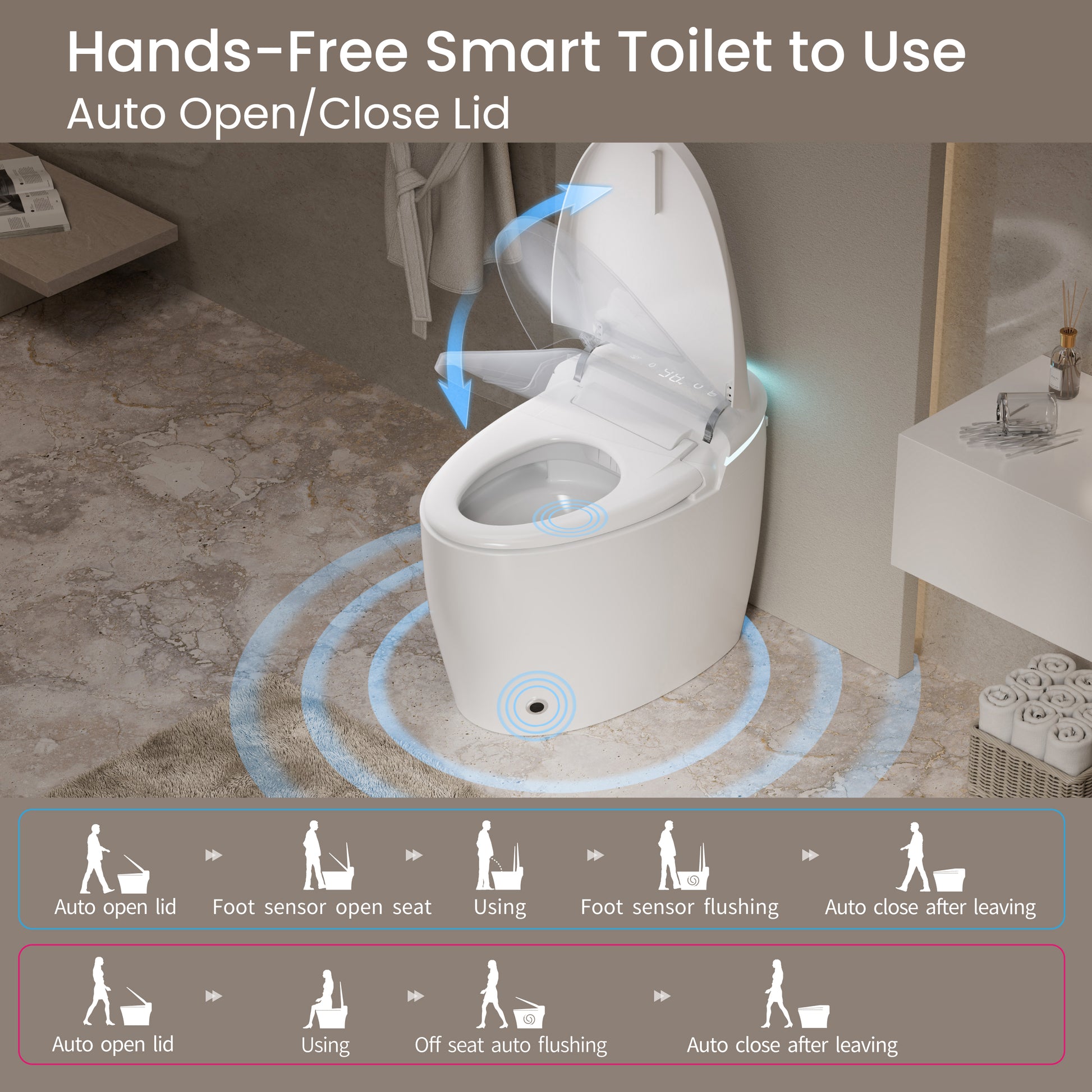 Smart Toilet, Auto Open/Close Lid, Auto Flushing Bidet Toilet with Heated Seat, SPA Warm Water Sprayer and Dryer, Elongated Egg Shape Tankless Toilet, 12'' Rough-in
