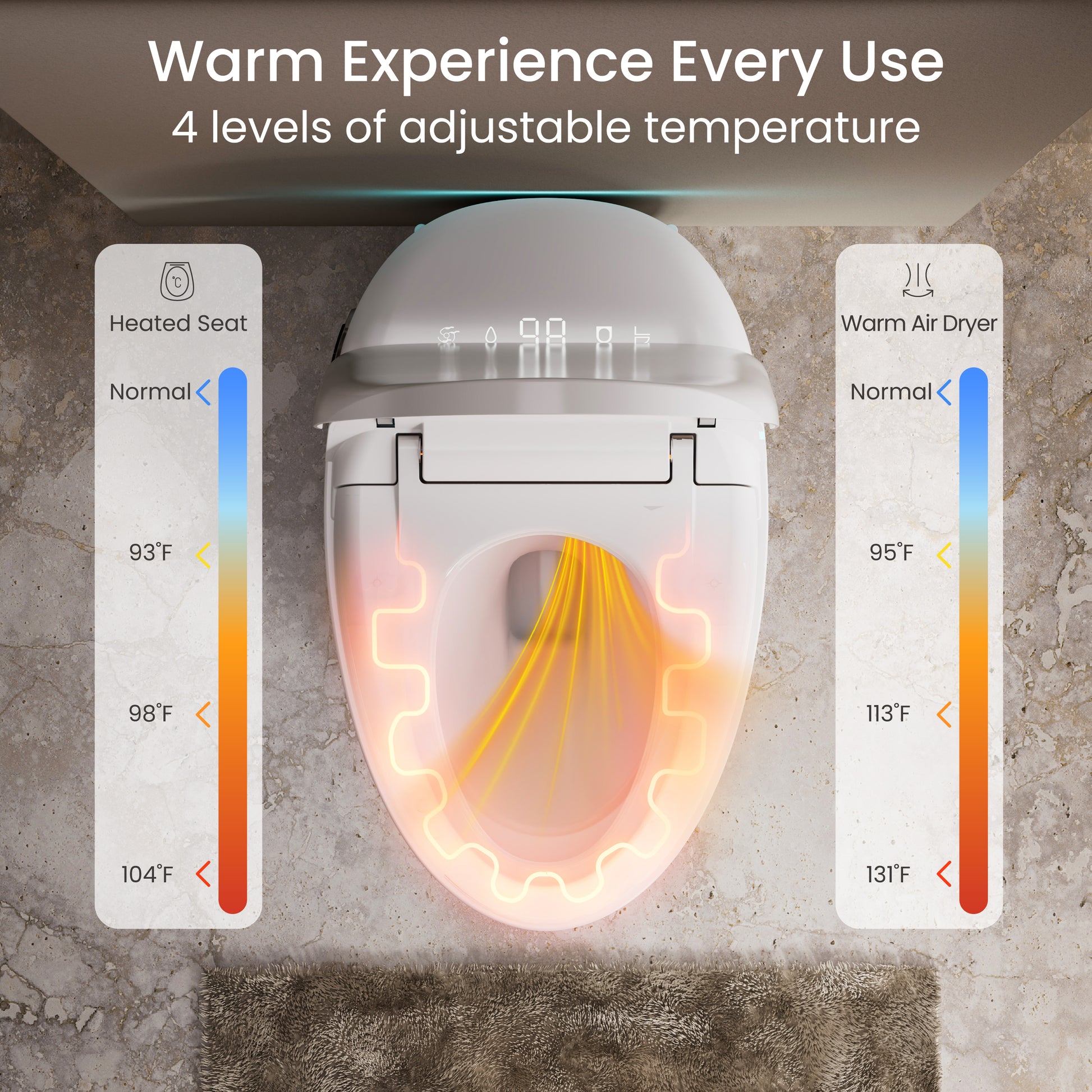 Smart Toilet with Bidet Built in, Tankless Smart Toilet, Foot Sensor Operation, Warm Water, Heated Seat, Air Dryer, Digital Display, 12'' Rough-in