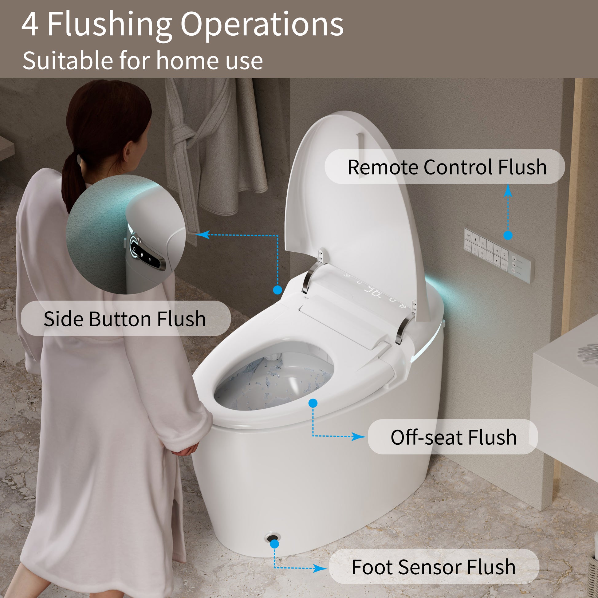 Smart Toilet, Auto Open/Close Lid, Auto Flushing Bidet Toilet with Heated Seat, SPA Warm Water Sprayer and Dryer, Elongated Egg Shape Tankless Toilet, 12'' Rough-in